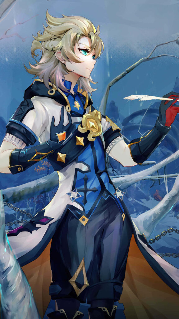 Side view of Albedo from Genshin Impact in detailed outfit against mystical wintry landscape wallpaper