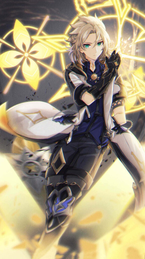 Albedo Genshin Impact alchemist standing confidently with mystical alchemical symbols wallpaper