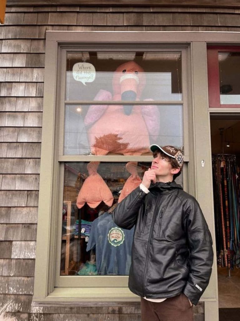 YouTuber Albert Aretz poses thoughtfully by shop window with giant plush flamingo and playful sticker Wallpaper