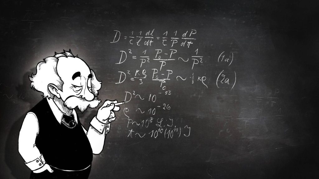 Black and white cartoon Albert Einstein with cosmic physics equations on chalkboard wallpaper