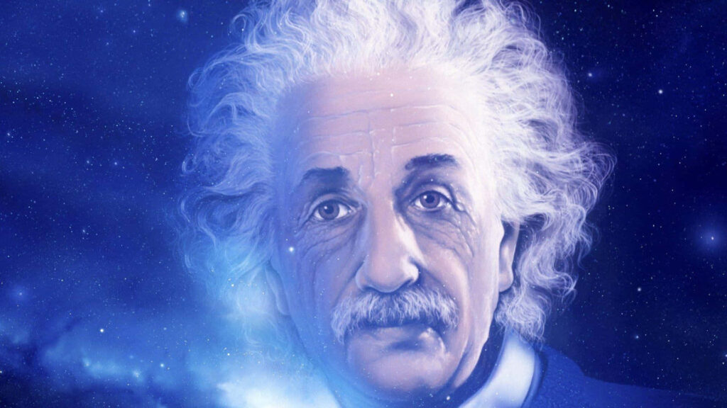 Cosmic portrait of Albert Einstein with wild hair against a starry space background wallpaper
