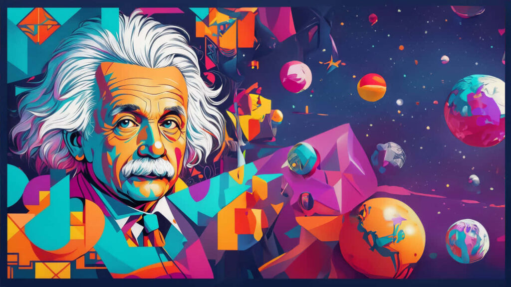 Colorful Albert Einstein portrait with cosmic planets and geometric shapes wallpaper background
