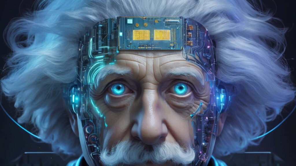 Albert Einstein portrait with futuristic cybernetic enhancements science and technology wallpaper background
