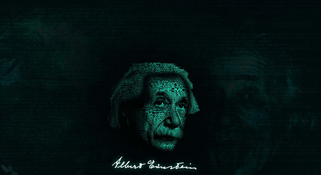 Albert Einstein portrait made from repeated E=MC2 formula text on dark scientific wallpaper background