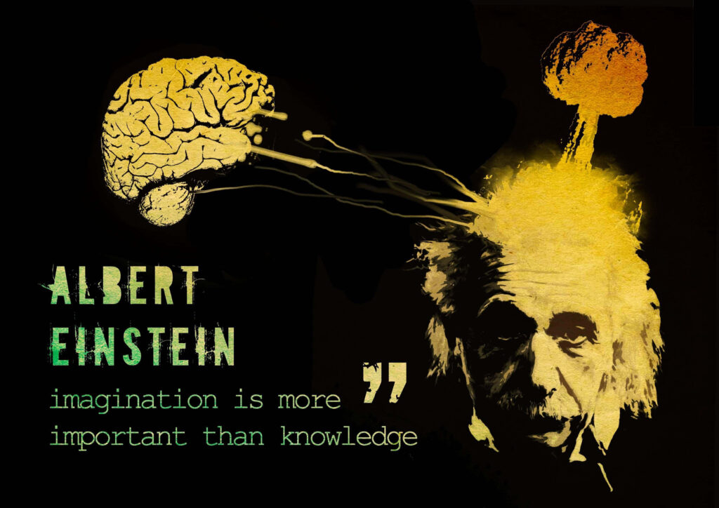 Abstract Albert Einstein wallpaper with brain explosion and Imagination is more important quote