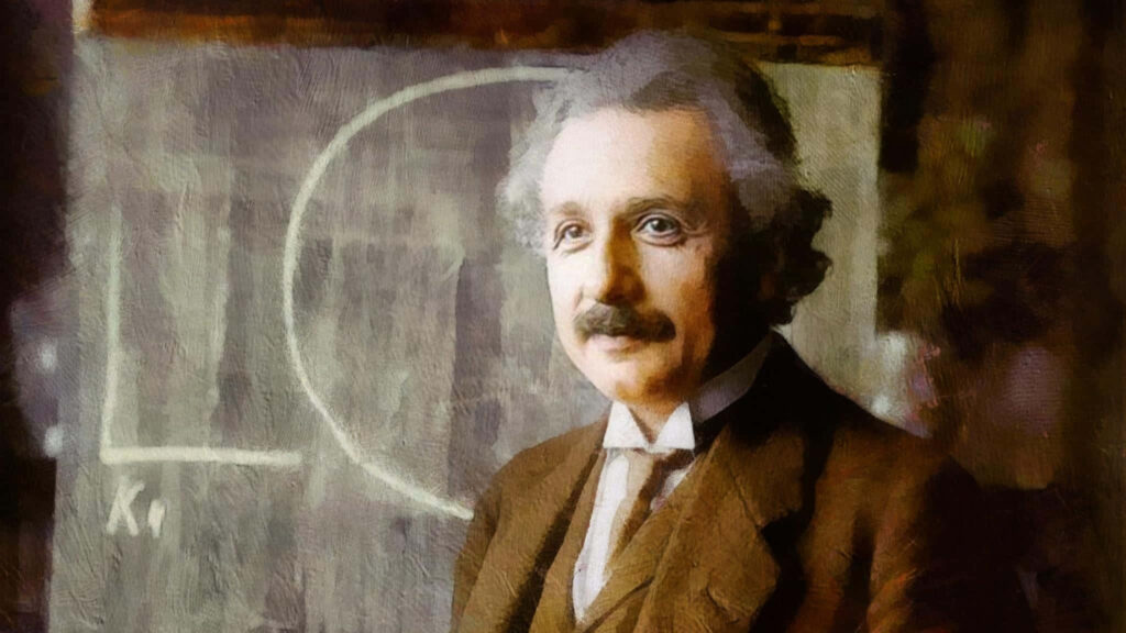 Albert Einstein portrait with chalkboard equations scientific wallpaper background detailed image