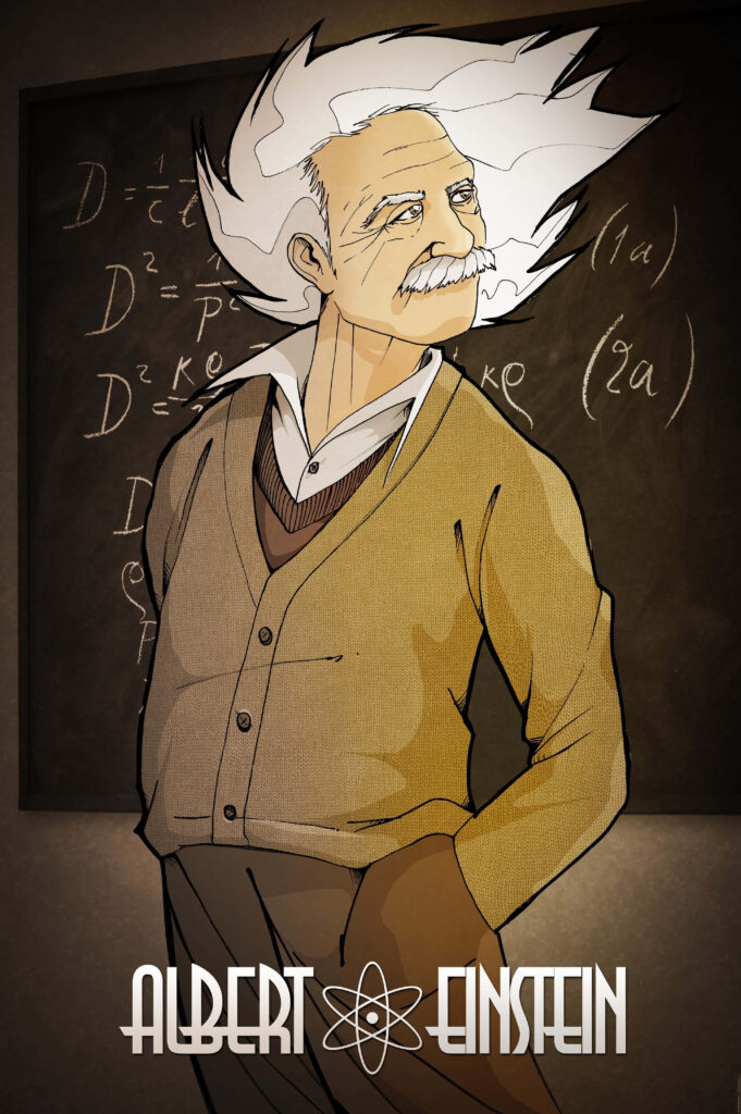 Illustrated wallpaper of confident Albert Einstein with chalkboard equations showcasing genius