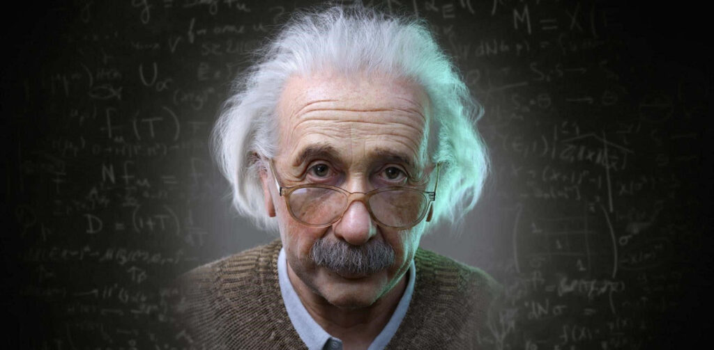 Realistic Albert Einstein portrait with handwritten math equations background wallpaper