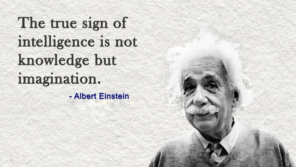 Albert Einstein portrait wallpaper with inspiring imagination quote promoting creative thinking