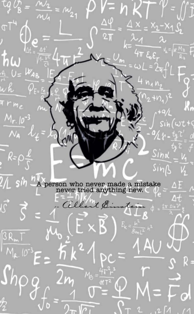 Sketched Albert Einstein portrait with physics equations and famous innovation quote wallpaper