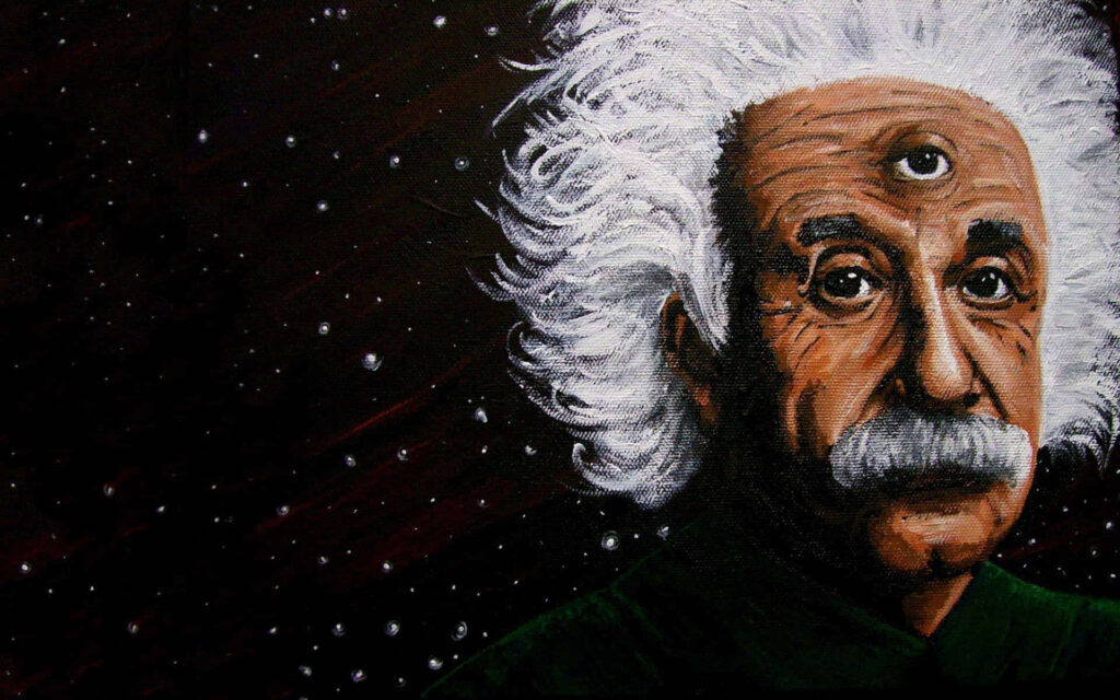 Creative Albert Einstein portrait with third eye cosmic starry wallpaper background