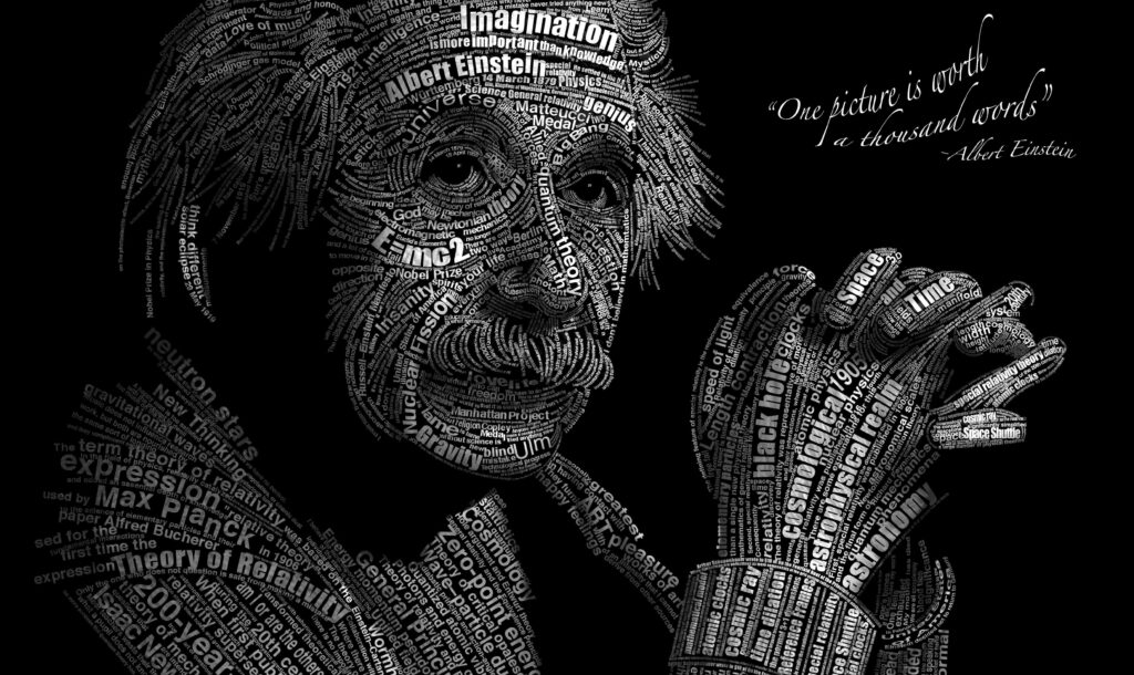 Albert Einstein word art portrait wallpaper with inspirational science terms on dark background