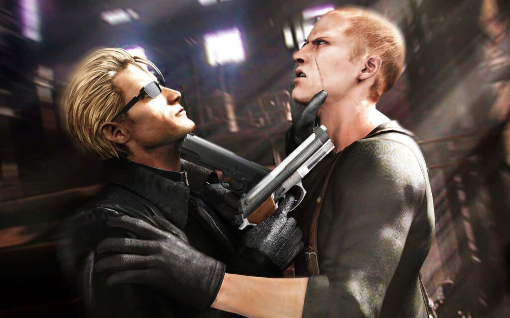 Albert Wesker aiming gun with intense determination in dramatic Resident Evil wallpaper scene