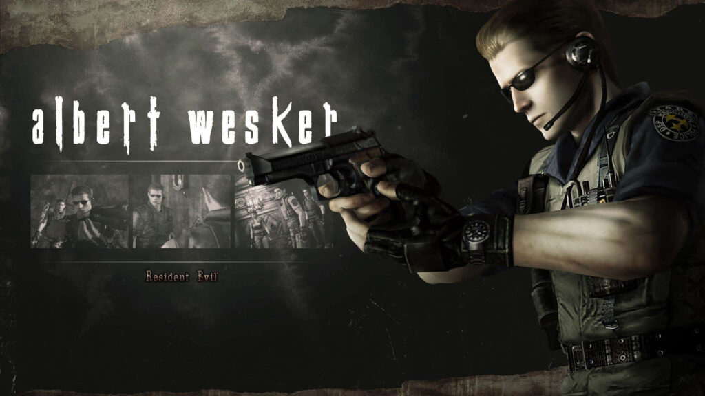 Albert Wesker from Resident Evil in shadows holding gun intense dramatic wallpaper background