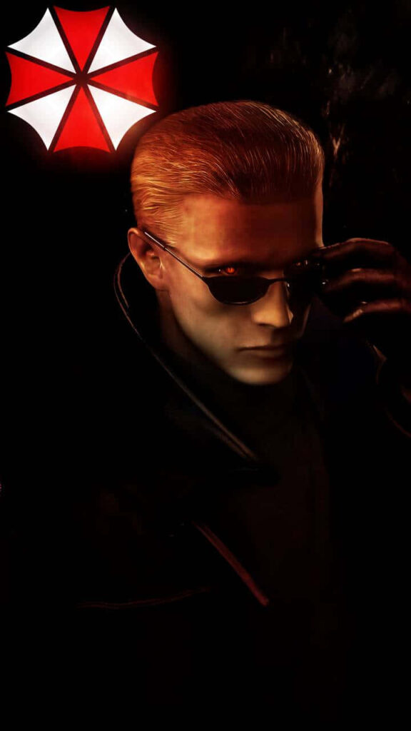 Albert Wesker dynamic pose Resident Evil wallpaper with Umbrella Corporation logo background