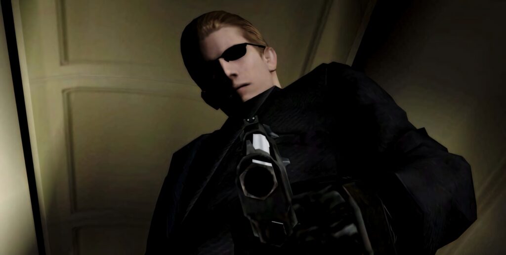 Albert Wesker Resident Evil intense pose dark sunglasses aiming gun menacing wallpaper background