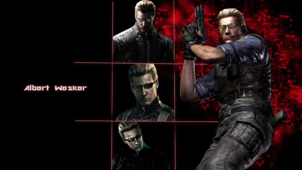 Albert Wesker intense action poses Resident Evil wallpaper red black dramatic background