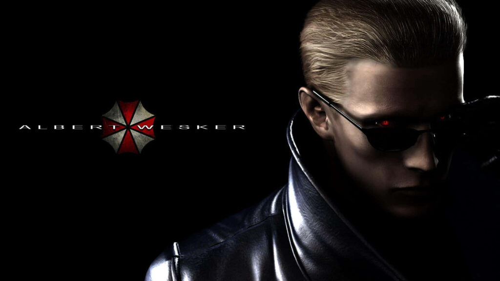 Albert Wesker in combat gear with red eyes and sunglasses Resident Evil villain wallpaper