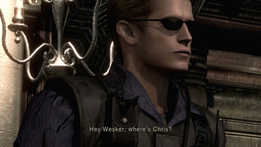 Albert Wesker in Resident Evil wearing sunglasses and tactical gear in intense video game scene Wallpaper