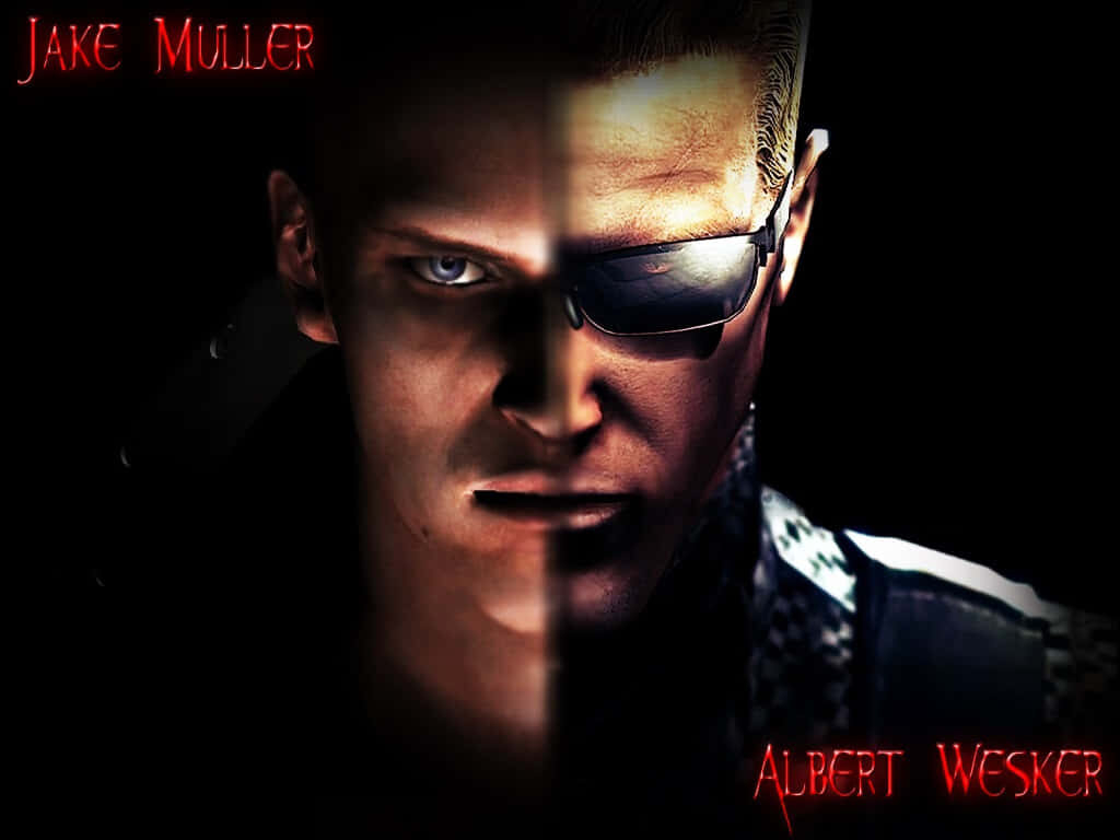 Dramatic split-face portrait of Albert Wesker Resident Evil intense menacing antagonist wallpaper