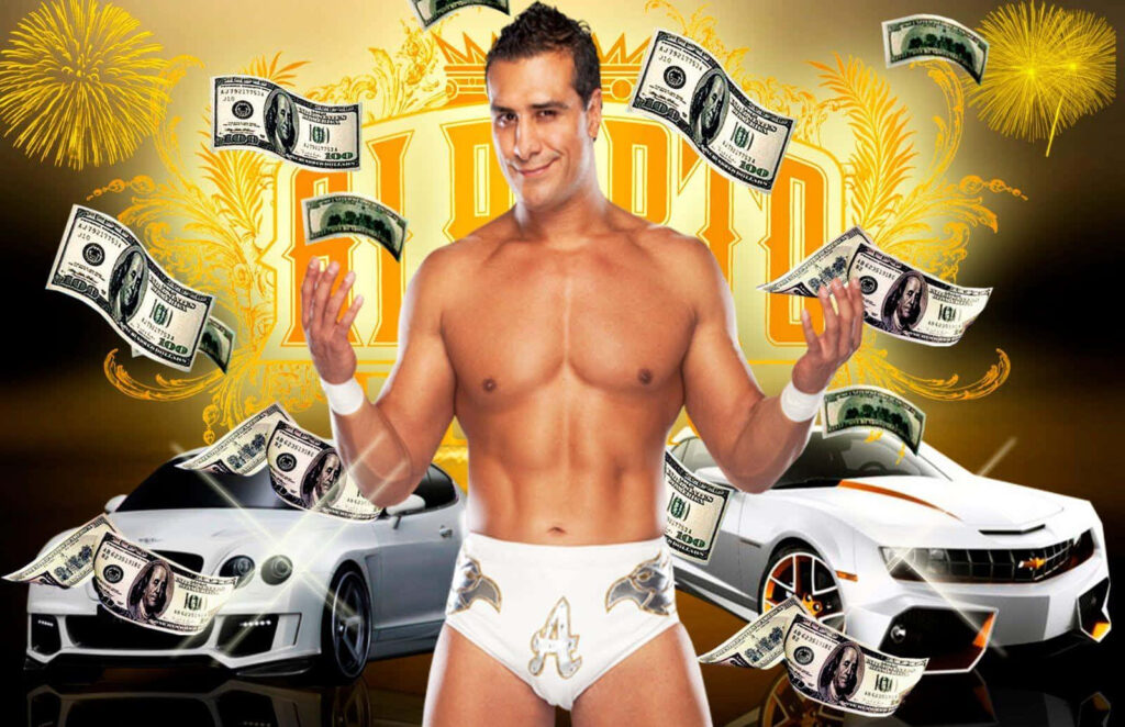 Alberto Del Rio confident pose luxury cars floating money golden backdrop wallpaper background