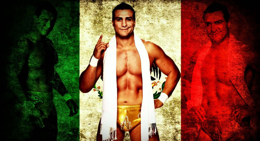 Alberto Del Rio confident Mexican wrestler with vibrant Mexican flag wallpaper background