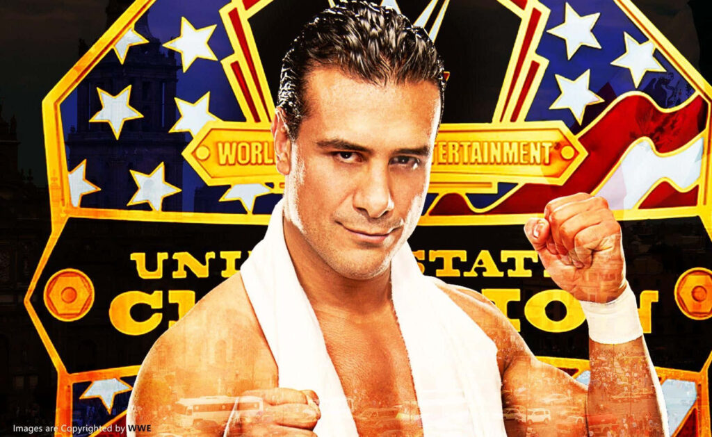 Alberto Del Rio stands confident US Champion wrestling backdrop with US flag WWE logo wallpaper