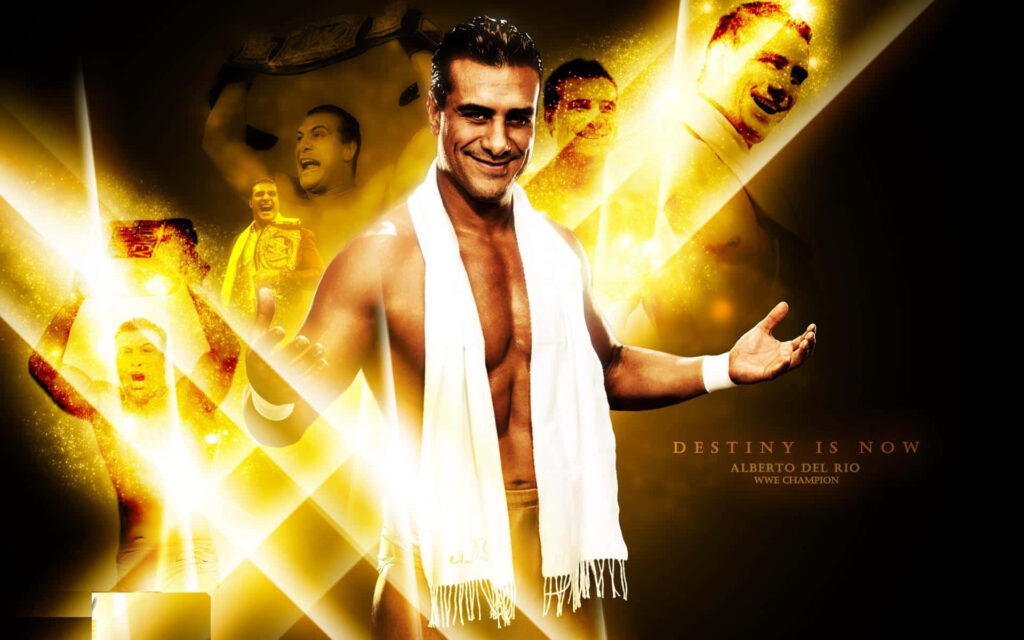Alberto Del Rio WWE Champion gold themed poster with dynamic action shots and highlights wallpaper