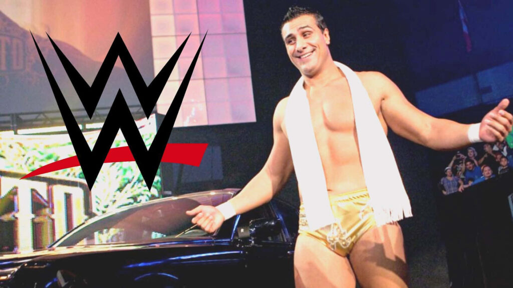 Alberto Del Rio in gold wrestling attire with white scarf and WWE logo cheering crowd wallpaper