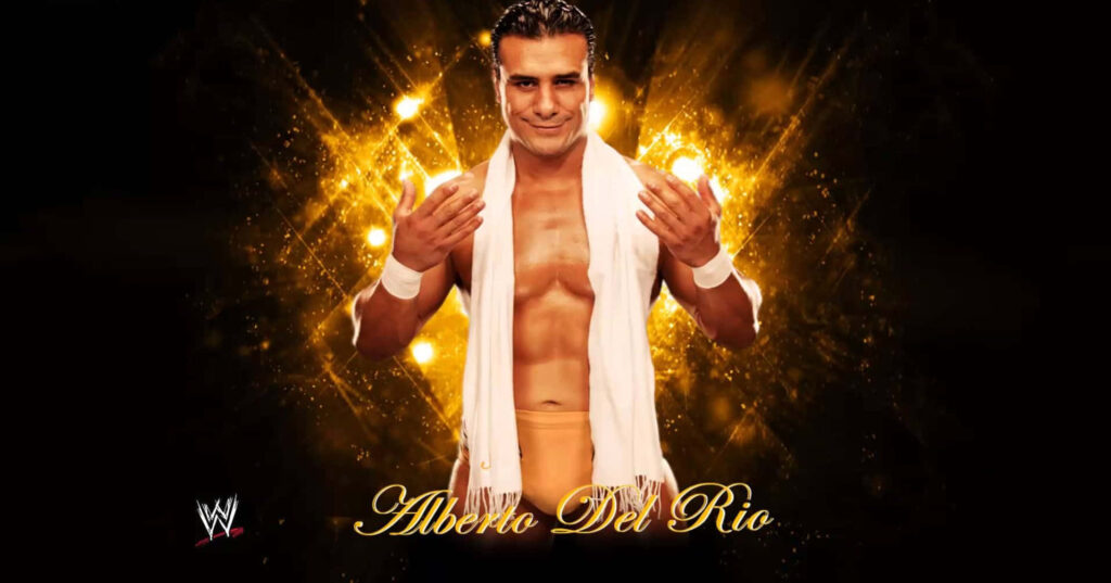 Alberto Del Rio WWE wallpaper with confident pose on radiant golden graphic art background