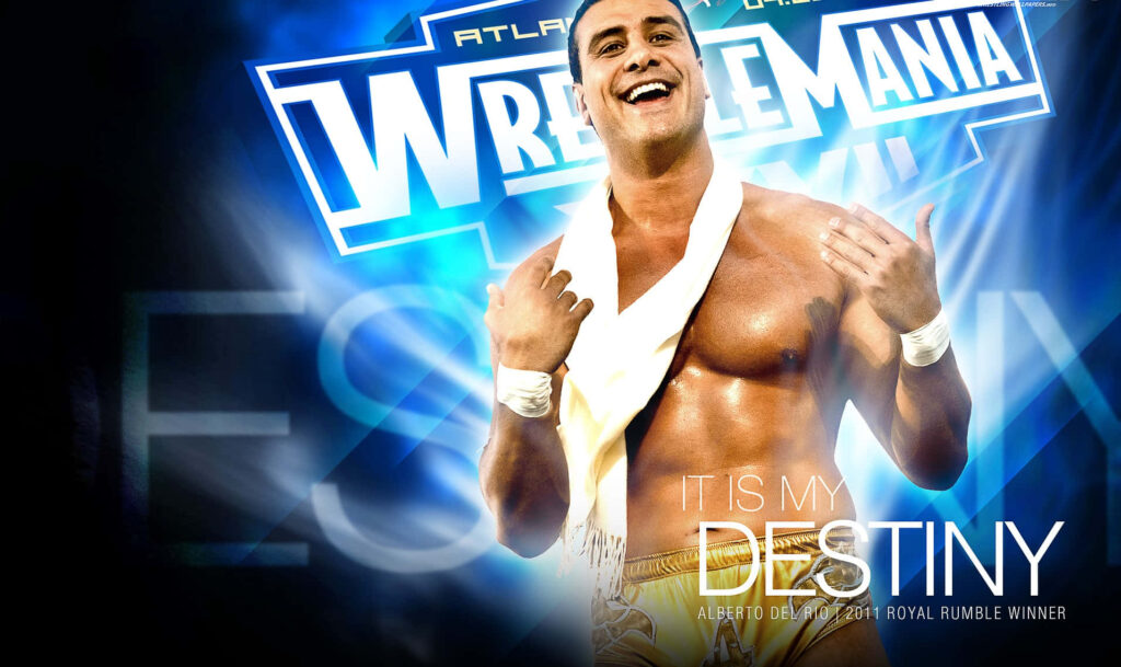 Alberto Del Rio confident in wrestling ring with bright WrestleMania logo background wallpaper