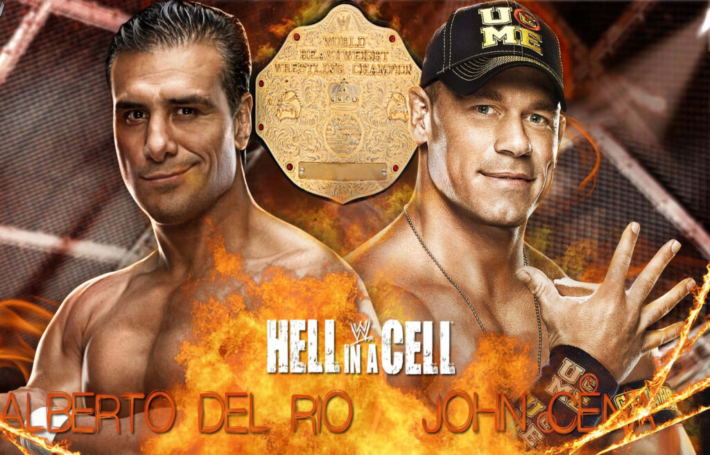 Alberto Del Rio vs John Cena WWE Hell in a Cell poster with flames and Heavyweight Championship belt Wallpaper
