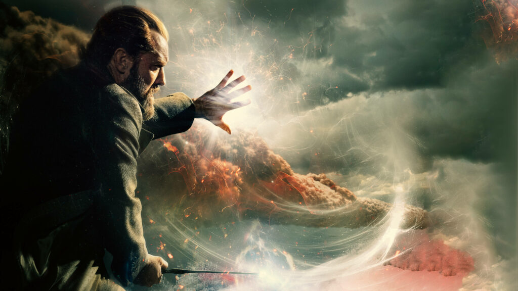 Albus Dumbledore casting powerful magic with wand surrounded by mystical swirling clouds wallpaper