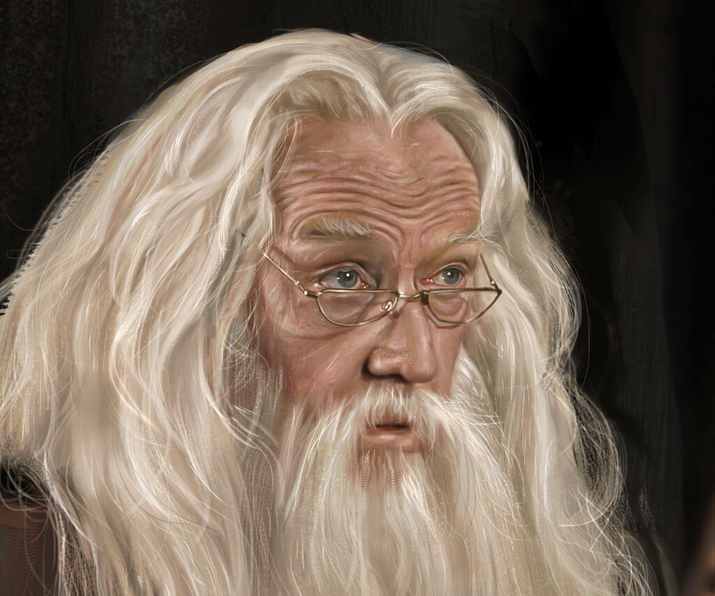 Albus Dumbledore wallpaper with long white hair and wise gentle expression background