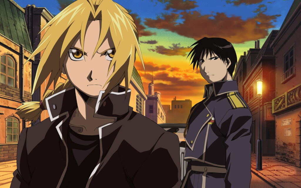 Alchemy Unleashed: Elric Edward and Roy Mustang Blaze Through as Animated Boys in an Epic QHD Wallpaper