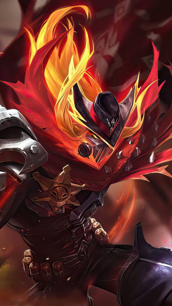 Aldous Blazing Force skin digital art fiery cowboy wallpaper Mobile Legends hero vibrant red orange