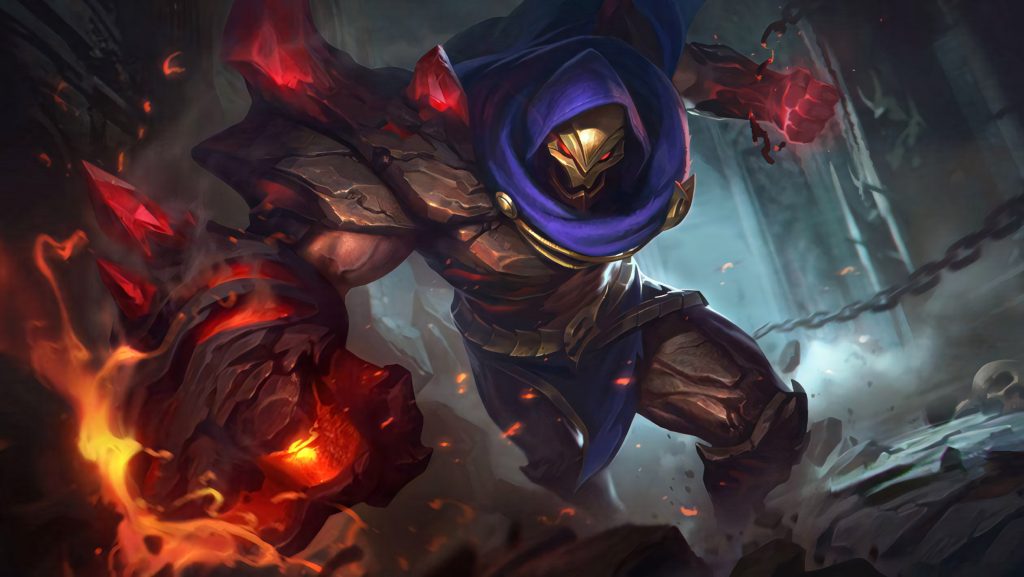 Aldous Contractor skin wallpaper Mobile Legends glowing red fist golden mask purple hood battlefield