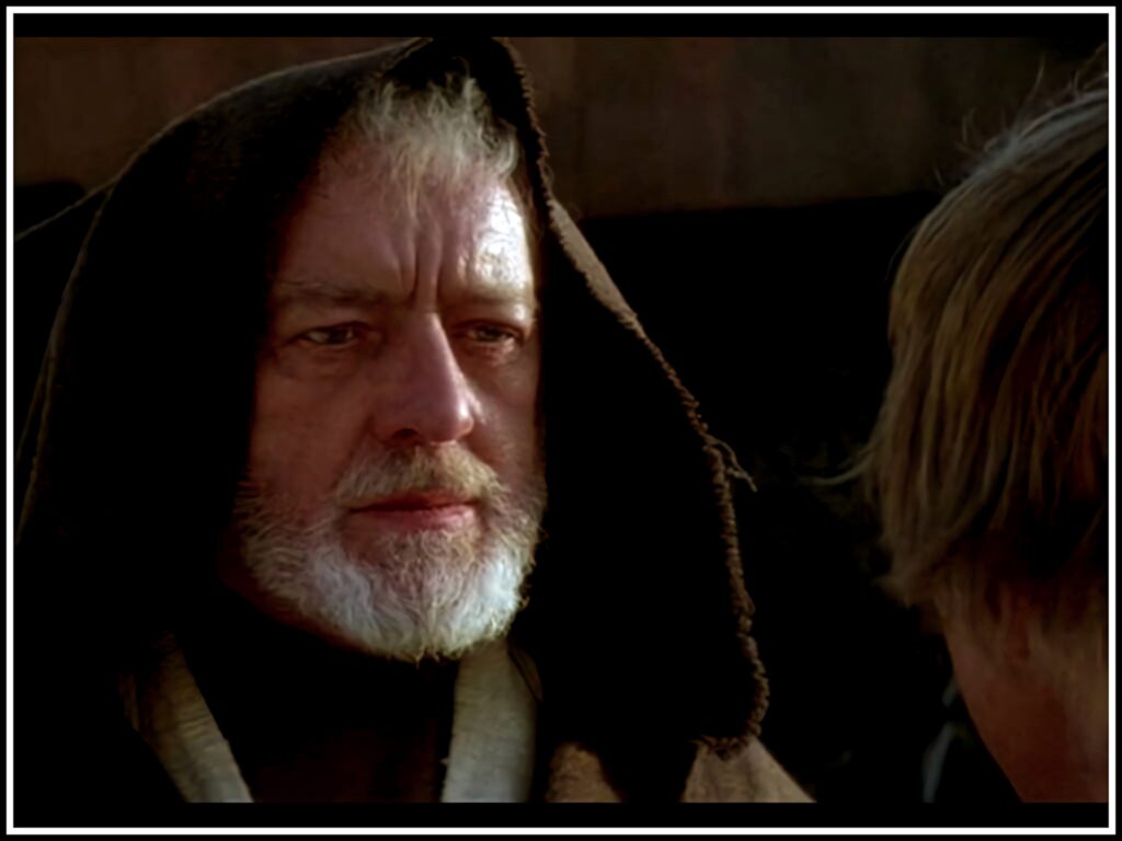 Alec Guinness as Obi-Wan Kenobi in brown robe thoughtfully looking in classic Star Wars scene Wallpaper