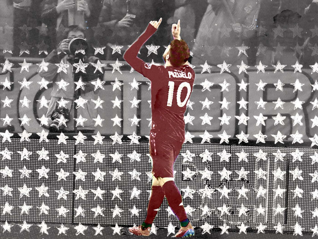Greyscale graphic of Alejandro Pozuelo celebrating on field with white stars artistic wallpaper background