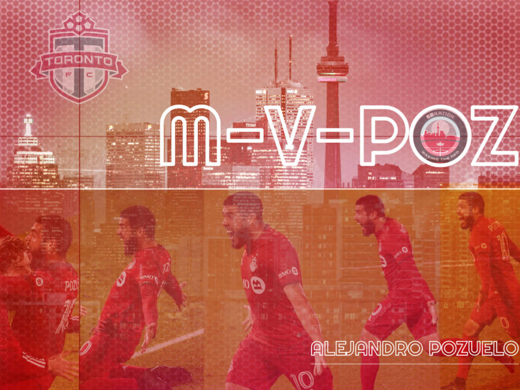 Toronto FC midfielder Alejandro Pozuelo in action with vibrant Toronto cityscape and MVP text wallpaper