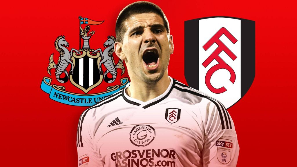 Aleksandar Mitrovic Fulham kit dynamic wallpaper with Newcastle and Fulham crests on red background