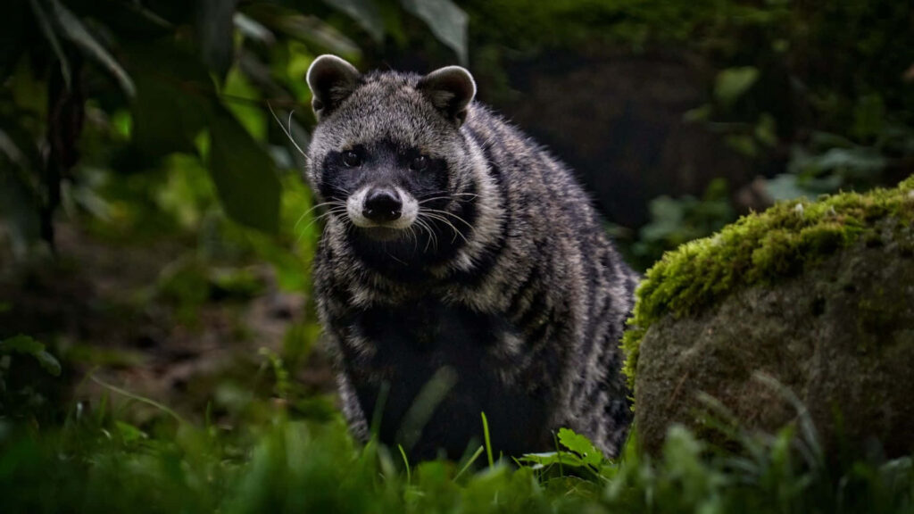 Civet with dark striped fur blending in green foliage and mossy rocks in soft natural light Wallpaper
