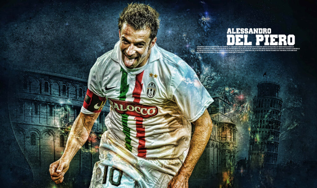 Alessandro Del Piero Juventus celebration with Italian landmarks artistic football wallpaper background