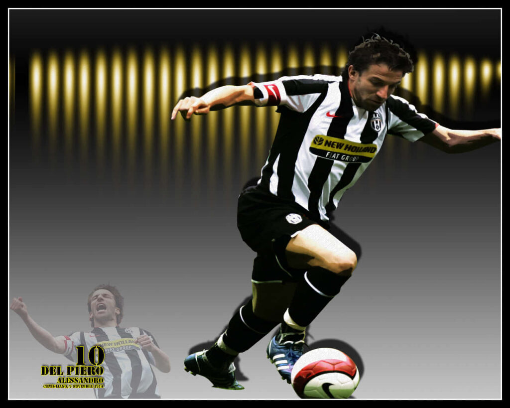 Alessandro Del Piero in Juventus kit action pose on vibrant gradient background wallpaper