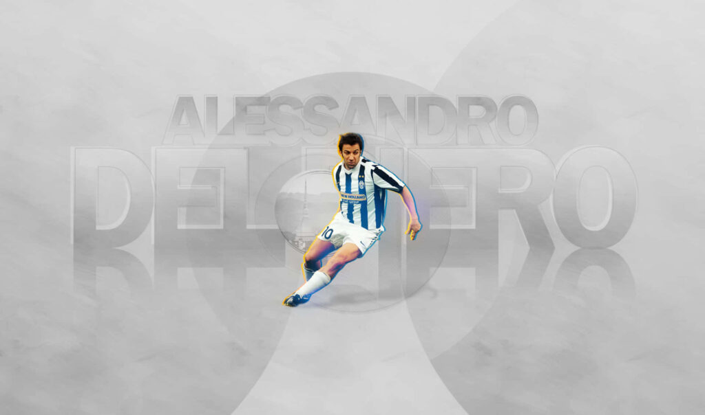 Alessandro Del Piero Juventus kit digital wallpaper with bold name and modern sleek background