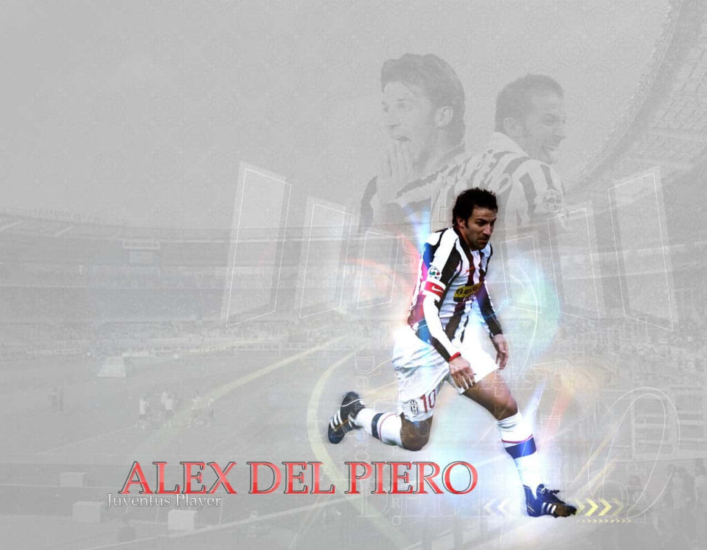 Vector artwork of Alessandro Del Piero in Juventus kit showing football skill and stadium background Wallpaper