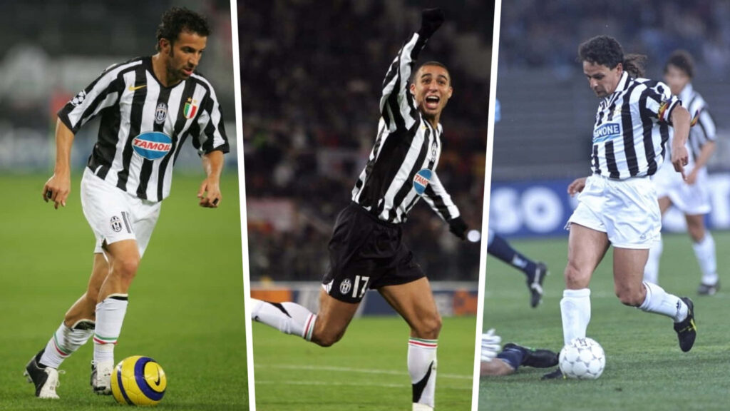 Alessandro Del Piero celebrating in Juventus jersey triple split screen football wallpaper background