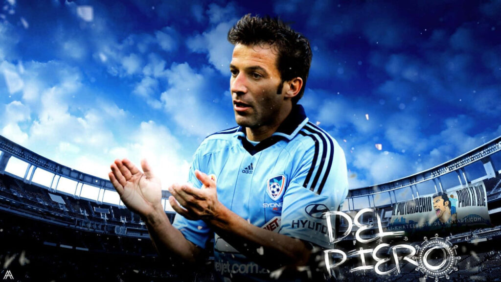 Alessandro Del Piero applauding in Sydney FC jersey digital art wallpaper stadium backdrop