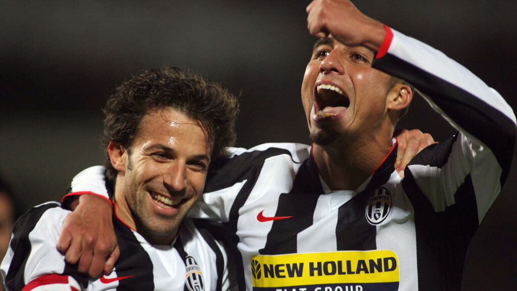 Alessandro Del Piero and David Trezeguet celebrating in iconic Juventus football jerseys wallpaper background