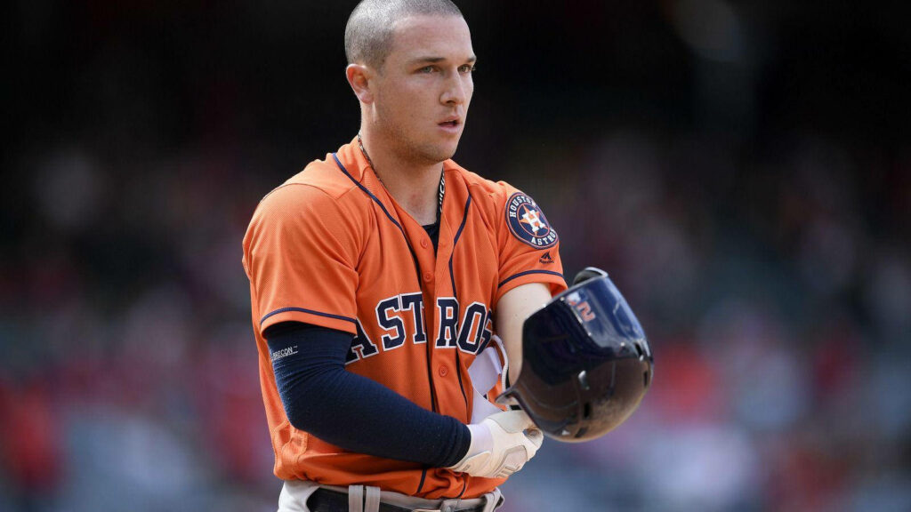 Alex Bregman in Houston Astros uniform removing helmet dynamic baseball action wallpaper background